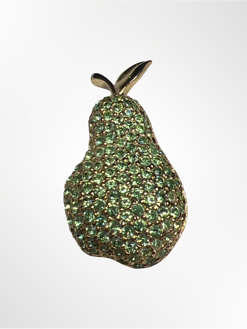 Vtg 1980s Givenchy Gold Tone Green Crystal Encrusted Pear Fruit Brooch Pin